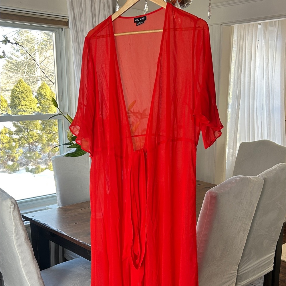 City Chic Vibrant Red Sheer Kimono Robe